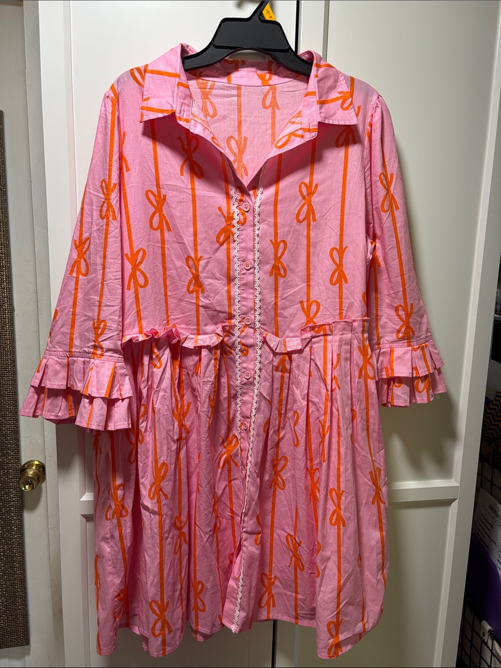 Women’s Pink and Orange bows Ruffle Button-Front Dress